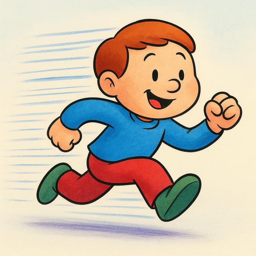Un'illustrazione dai colori vivaci che mostra una piccola figura che corre rapidamente, enfatizzando velocità e urgenza con linee di movimento.
