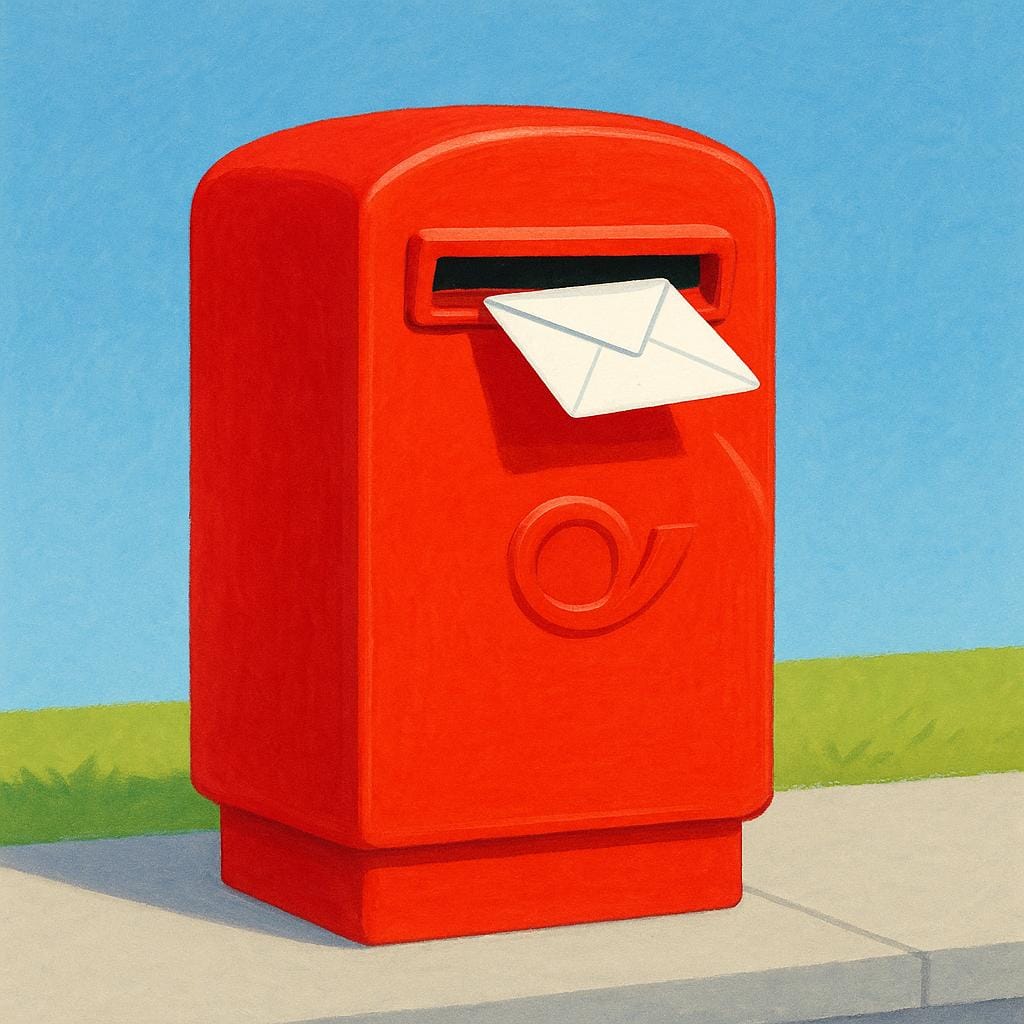A bright red, official street mailbox standing outdoors, with a white envelope being dropped into the mail slot.
