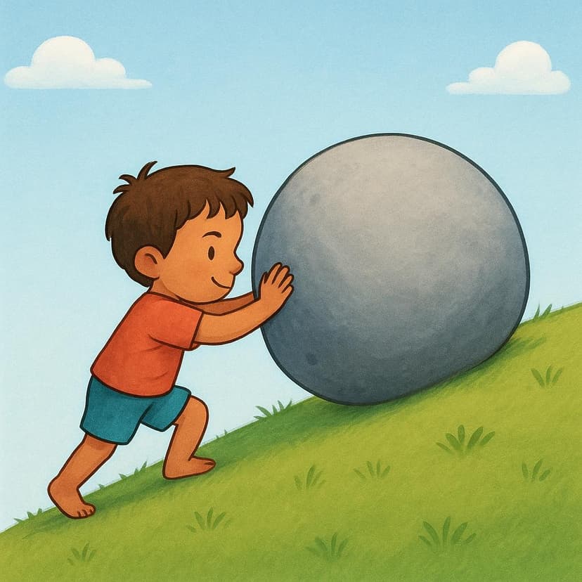 A small, determined child straining slightly while pushing a large, smooth gray rock up a gentle green hill, illustrating the concept of 'I tried'.