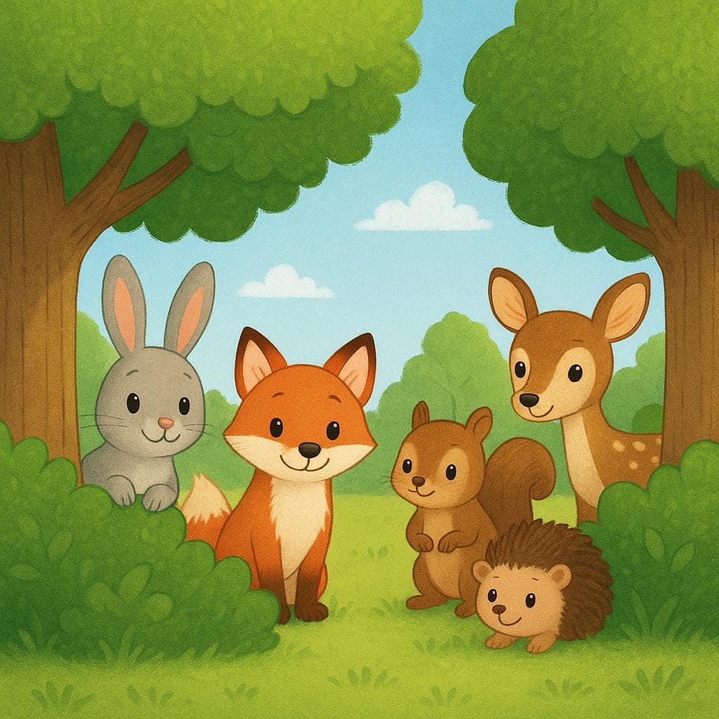 A small group of friendly cartoon characters hiding behind large trees and bushes, waiting to surprise a friend.