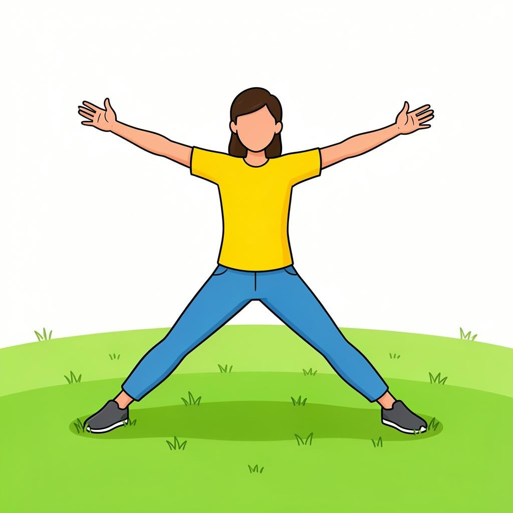 A person stretching their arms and legs in a simple storybook style.