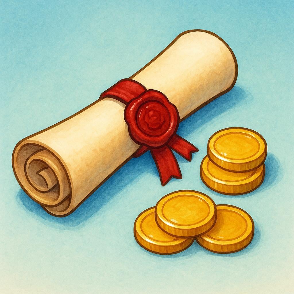 A rolled-up parchment scroll secured with a red wax seal, lying beside a small stack of gold coins, representing a financial bond or debt instrument.