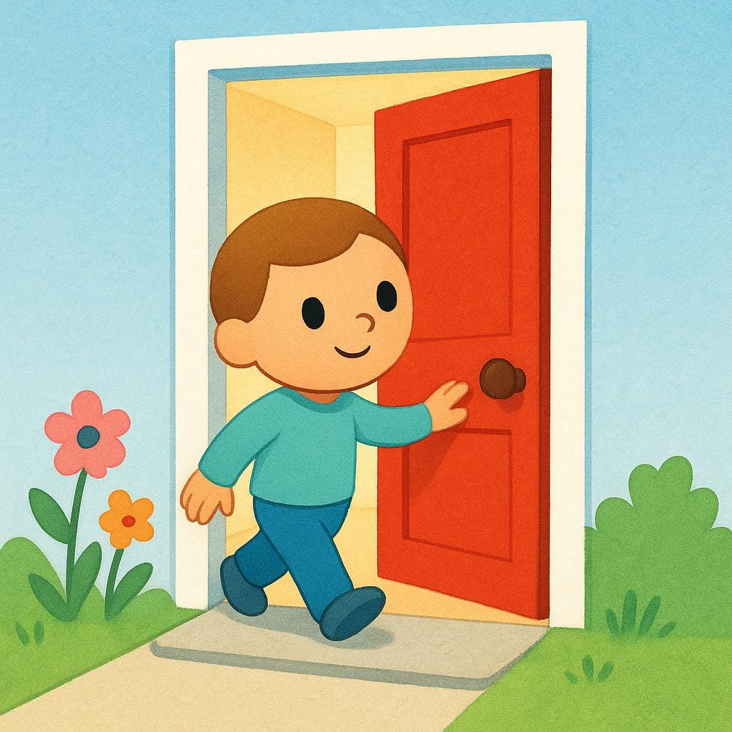 Un personaggio dei cartoni animati che passa attraverso una porta rossa aperta, illustrando l'azione di entrare.