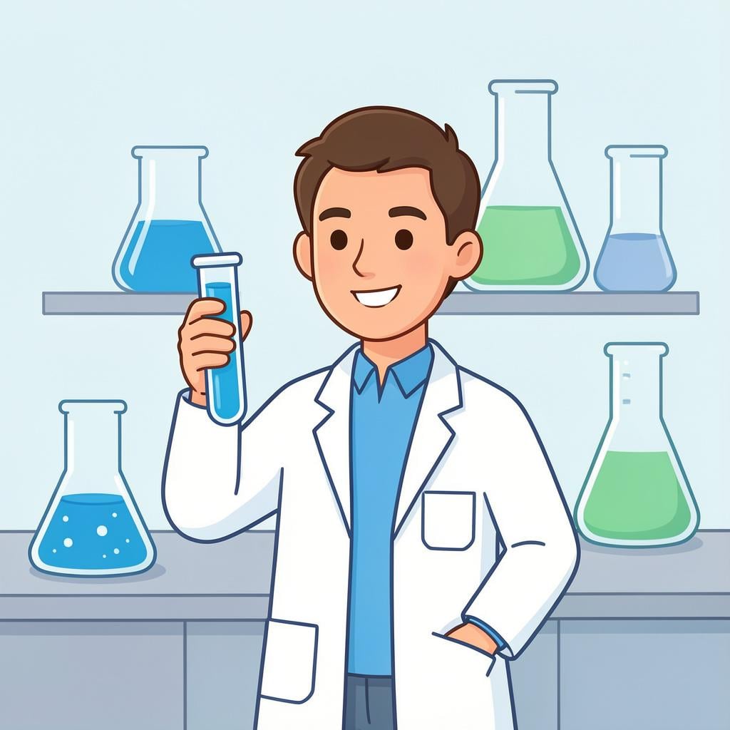 A scientist in a white coat holding up a clear glass test tube filled with bright blue liquid.