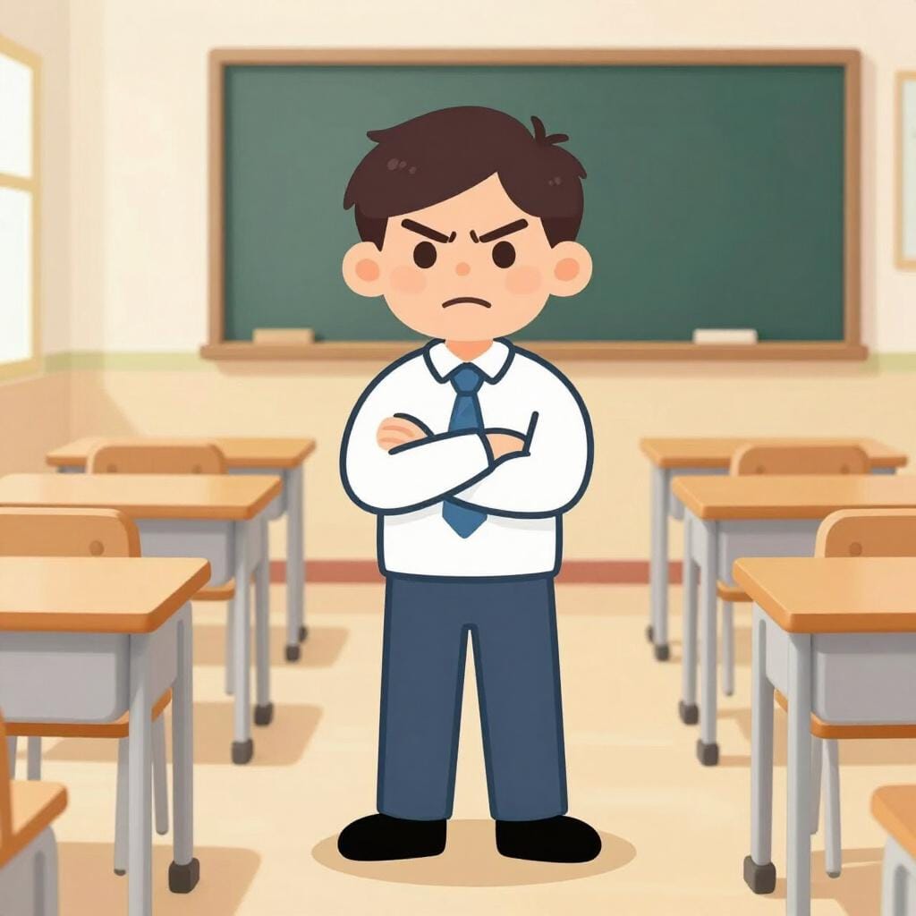 A stern teacher standing with their arms crossed in front of a clean, orderly classroom.