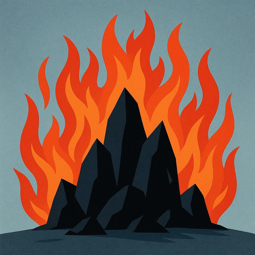 A dramatic illustration of stylized red and orange flames rising from cracked, dark ground, symbolizing chaos and intense heat.