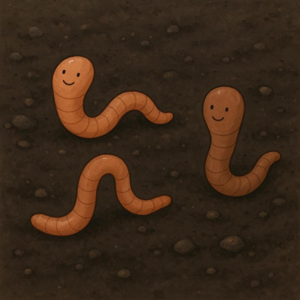 Three segmented brown earthworms are shown partially emerging from dark, rich soil.