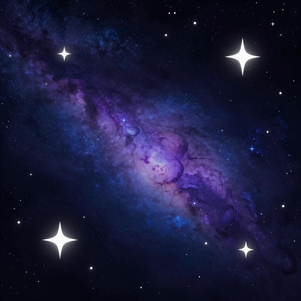 A vibrant night sky filled with glowing stars and a distant colorful nebula.