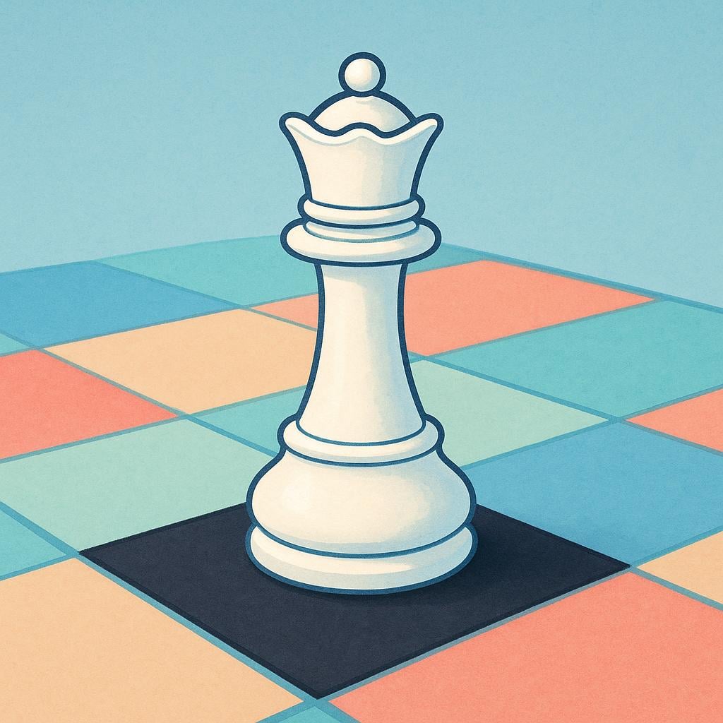 A white chess piece shaped like a Queen with a small crown on top, standing on a checkerboard.