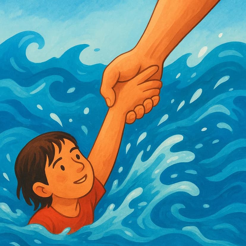 A close-up shot of a person's strong hand reaching out to pull another person's hand out of rushing water, depicting the act of rescue.