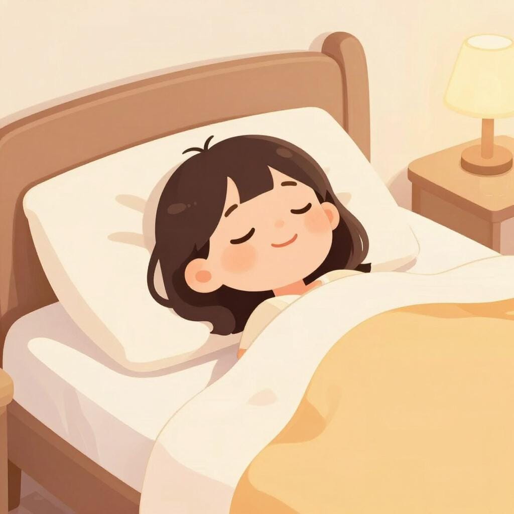 편안하고 부드러운 침대에 누워 사적인 휴식 시간을 즐기며 행복하고 만족스러운 표정을 짓고 있는 사람.