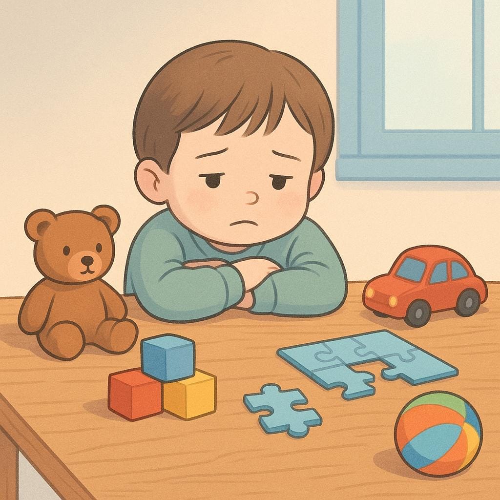 A small child sitting alone at a wooden table, resting their head on their crossed arms with a listless expression, surrounded by colorful but untouched toys.