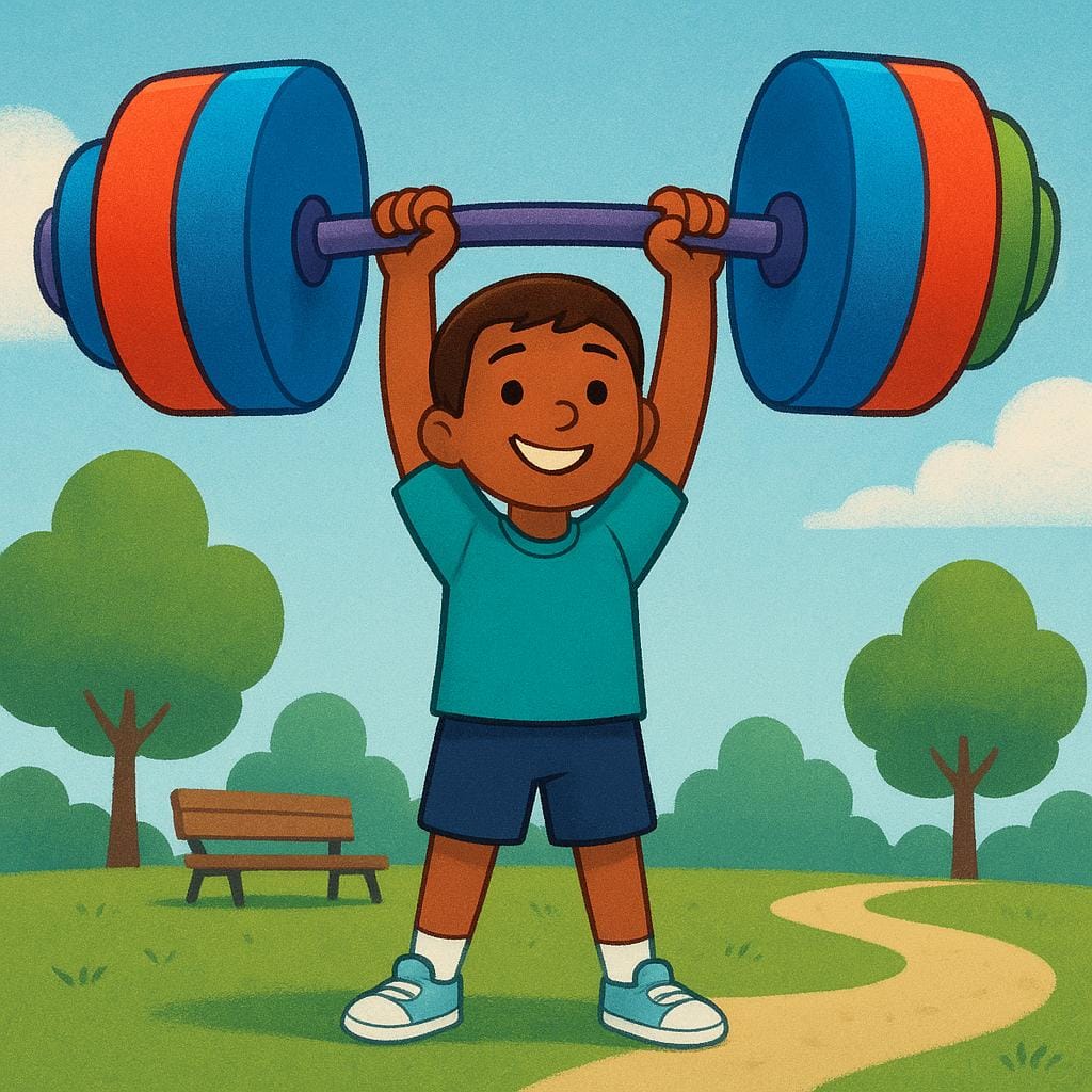 A strong, smiling young character easily lifting a very large, colorful dumbbell above their head, demonstrating great physical ability.
