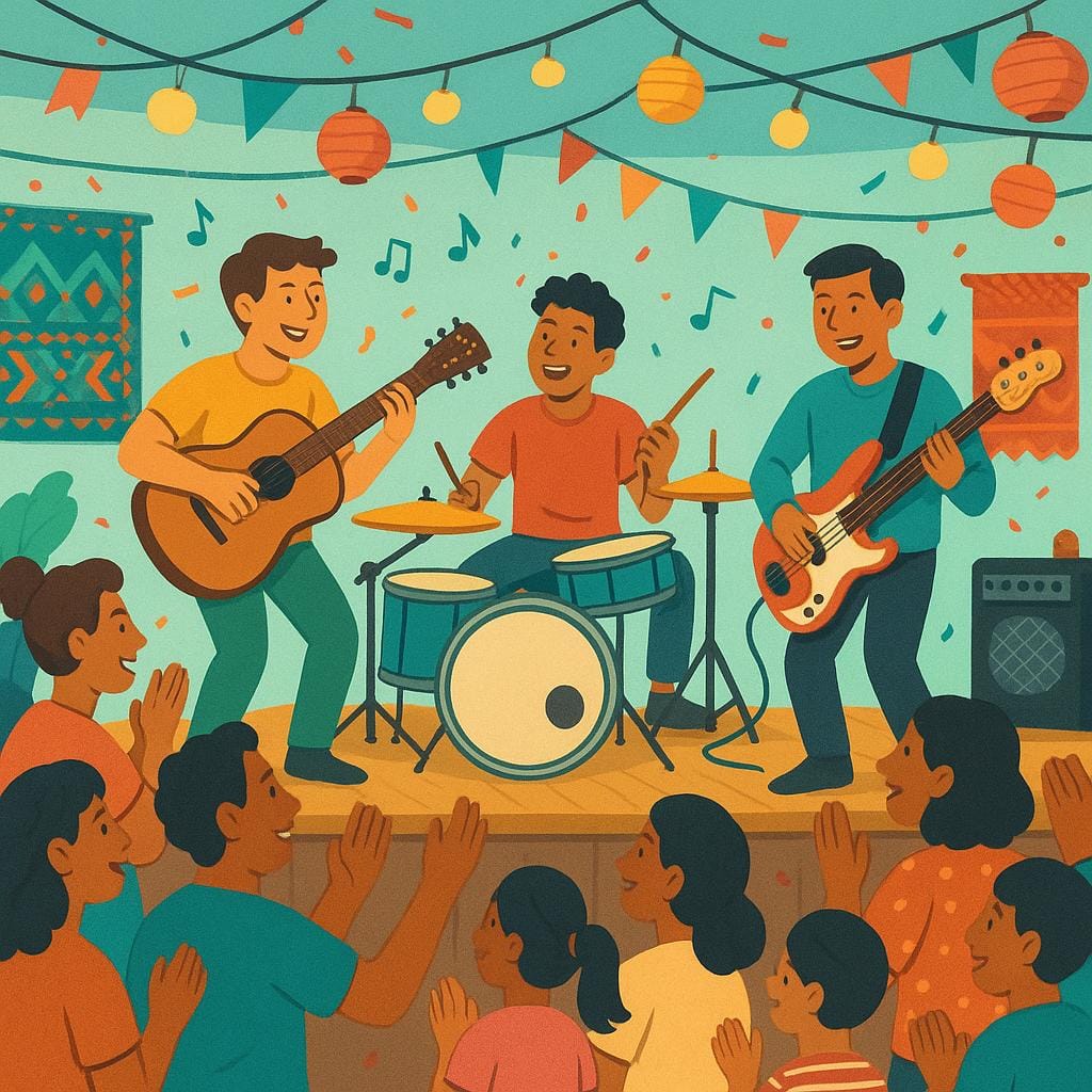 A vibrant, crowded music venue with a band playing instruments on a small stage, illustrating a cultural environment.