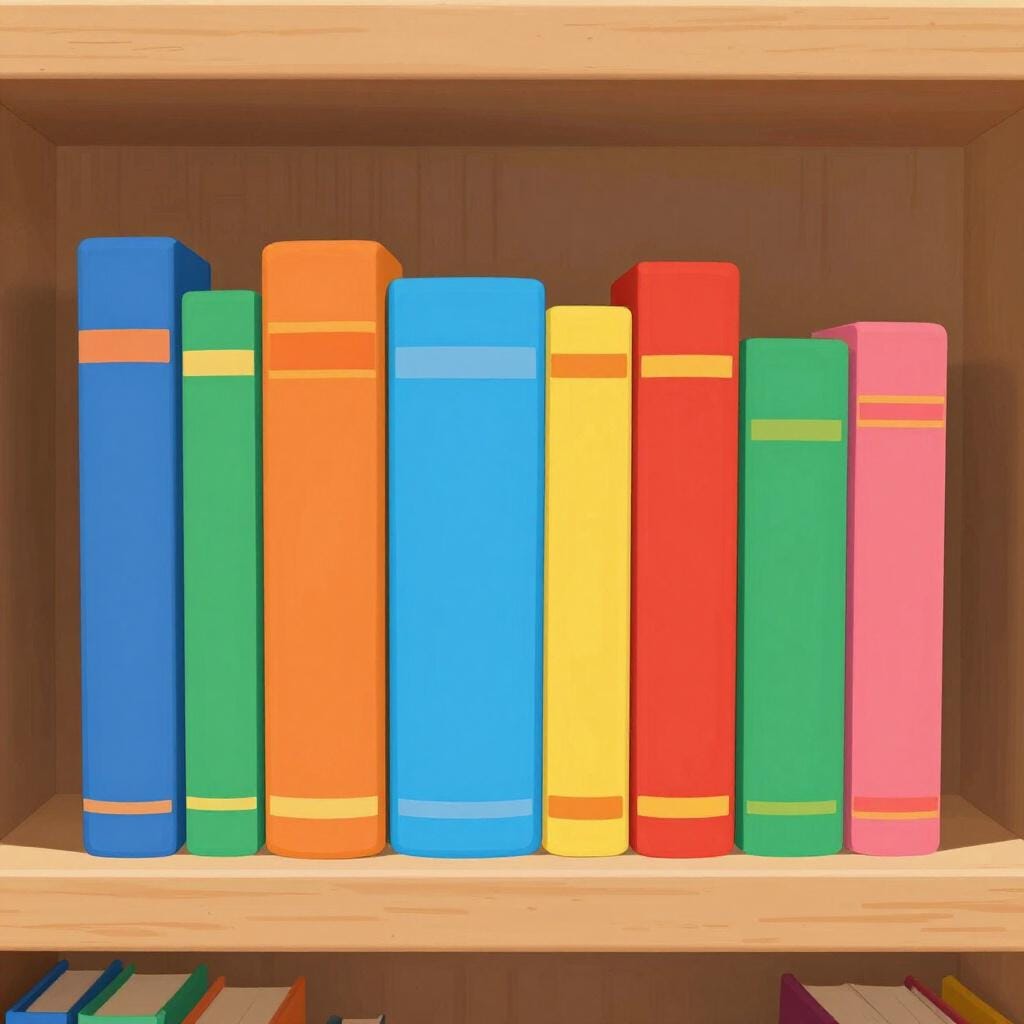 Netjes gestapelde gekleurde boeken op een houten plank.