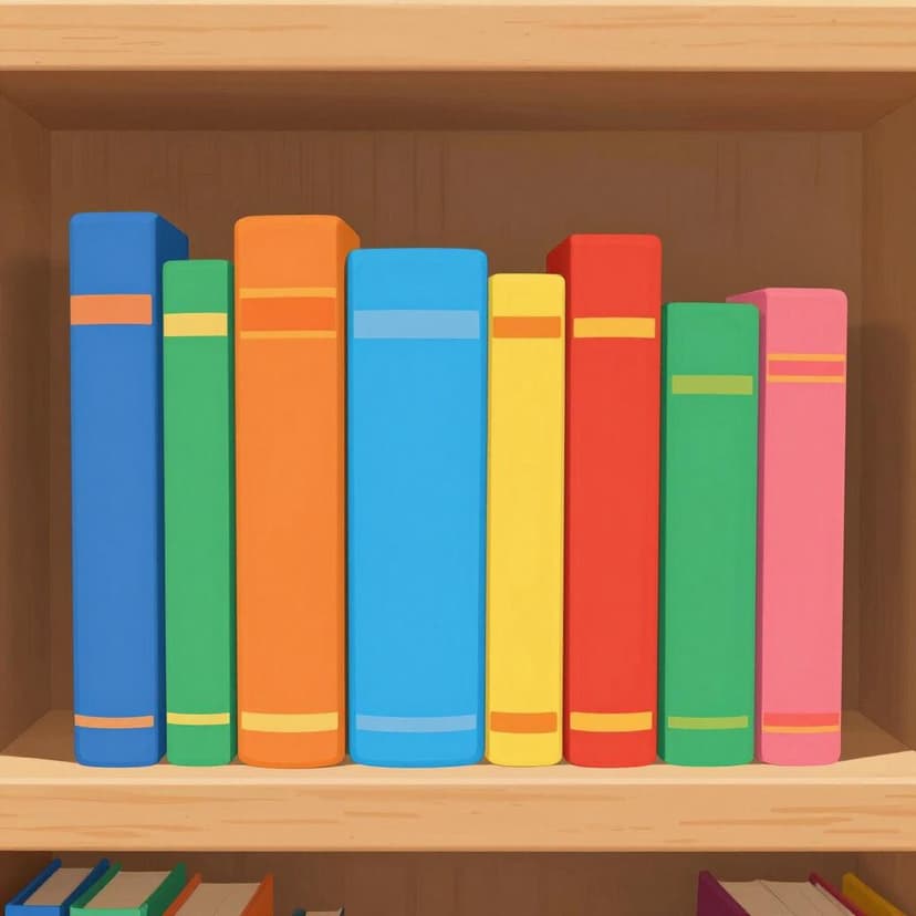 Neatly stacked colorful books on a wooden shelf.