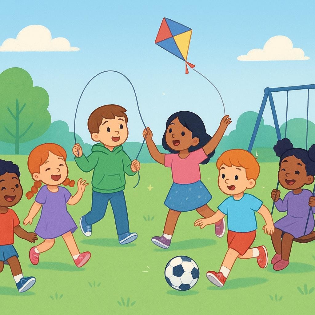 Un groupe d'enfants en pleine foulée figés sur un terrain vert comme s'ils venaient de recevoir l'ordre de s'arrêter.