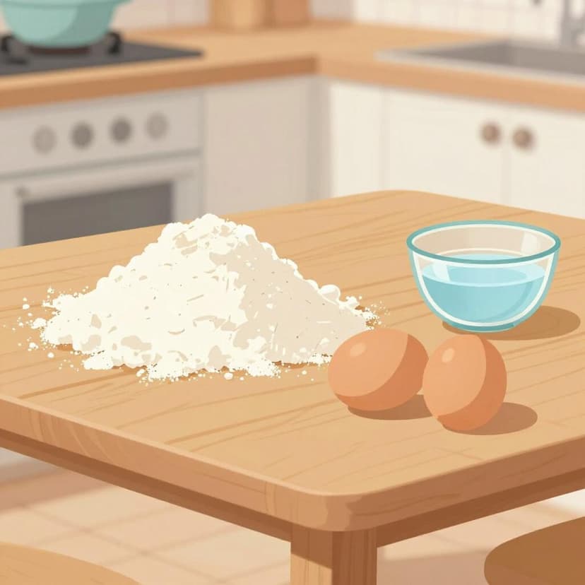 A wooden table with flour, eggs, and a bowl of water, showing the ingredients of bread.