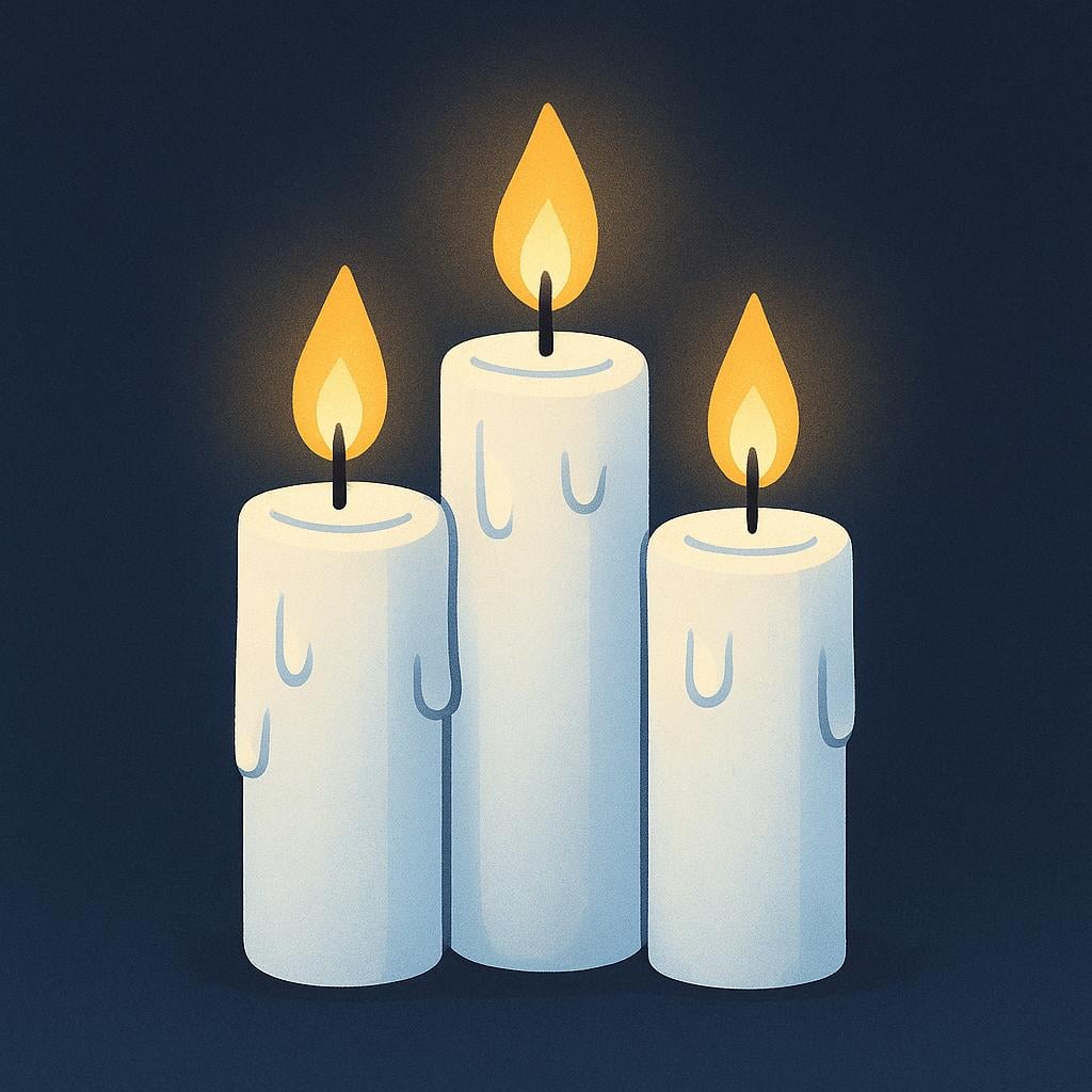 Three simple, white cylindrical candles standing upright, each topped with a small, brightly burning yellow flame, providing a soft glow.