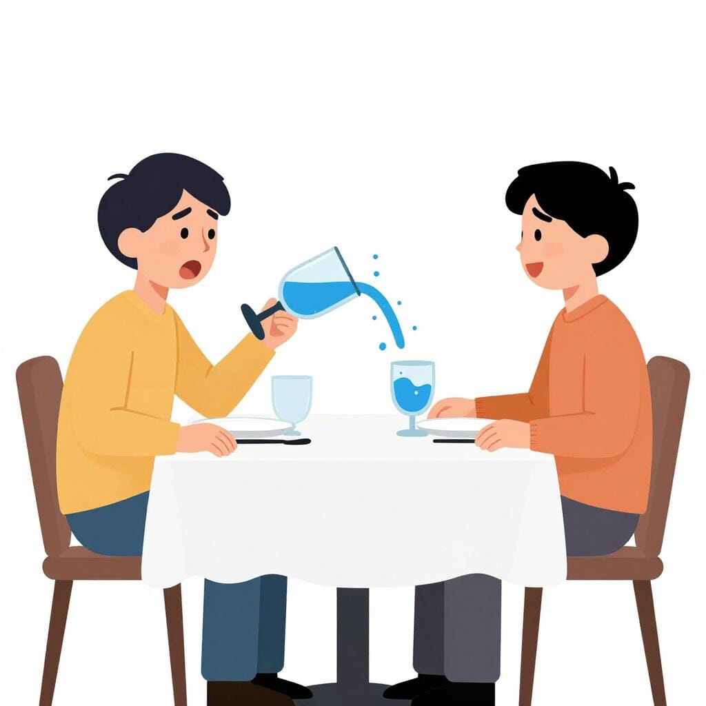A person accidentally spilling a glass of water on someone's lap at a dinner table.
