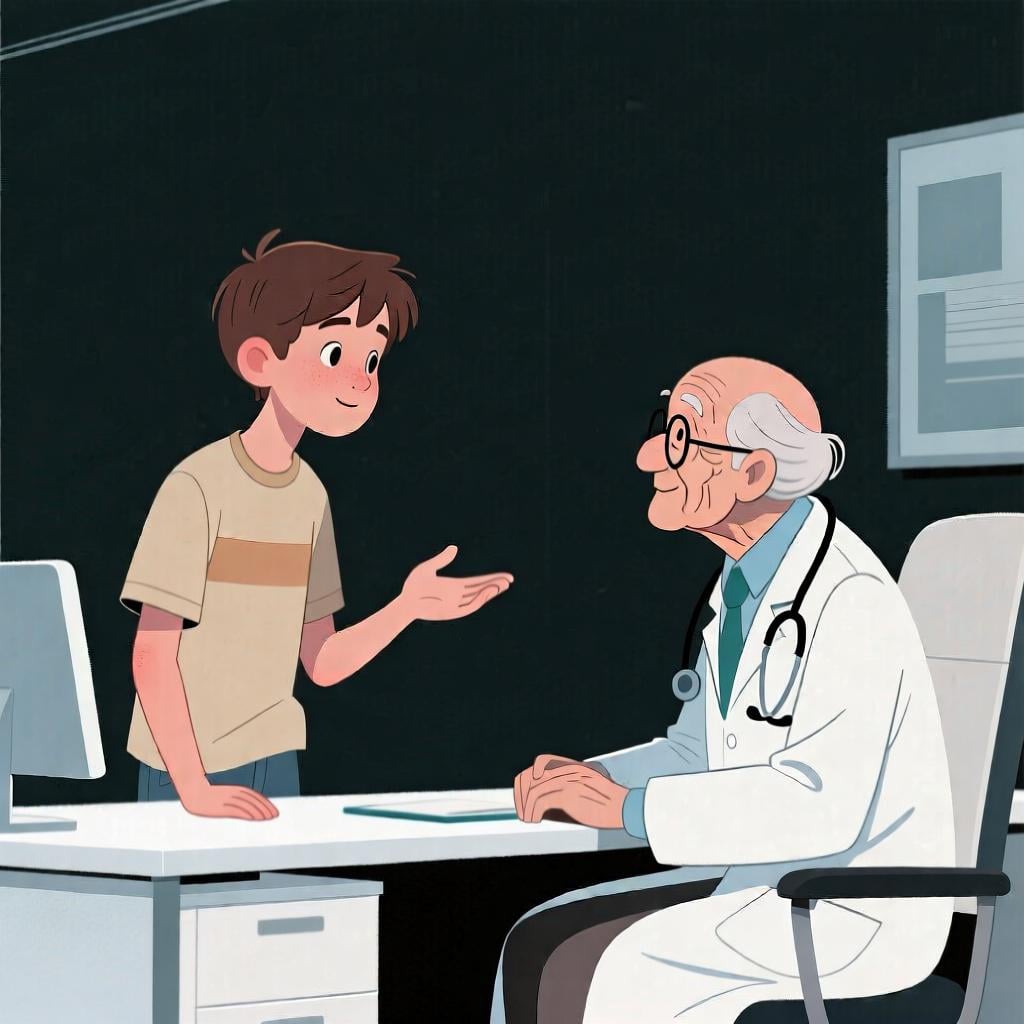 A person respectfully addressing an older person, like a doctor or teacher, with a gesture of politeness.