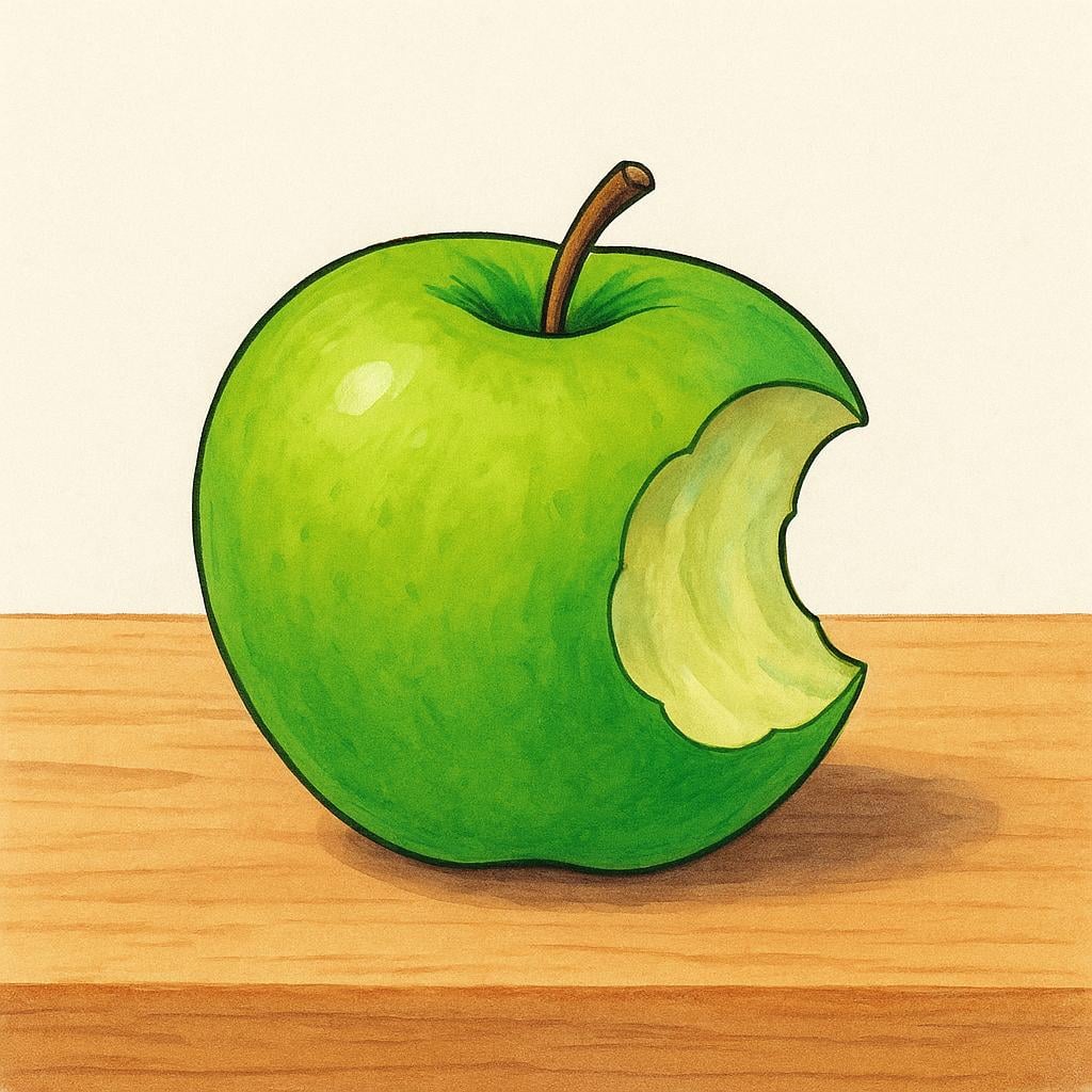 A bright green apple resting on a wooden surface, clearly showing a large, crescent-shaped bite mark taken out of its side.