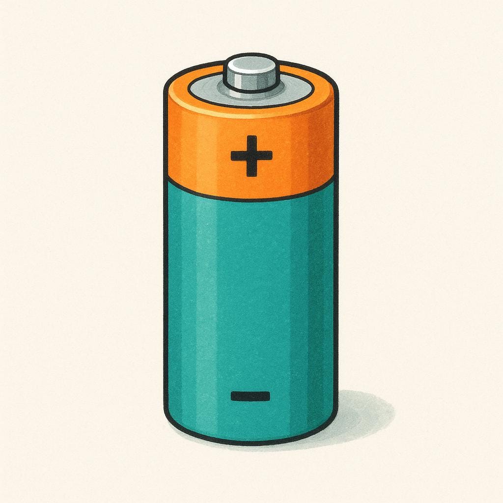 A single, standard cylindrical dry-cell battery standing upright, illustrating an electrical power unit.