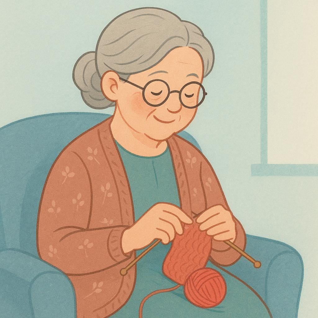 A portrait of a kind-looking elderly woman with gray hair and glasses, sitting peacefully and knitting a colorful scarf.