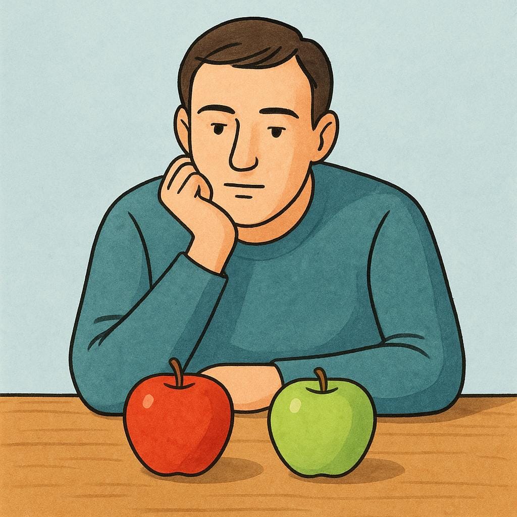 A high quality storybook illustration of a man sitting at a simple wooden table, resting his chin on his hand, deep in thought while considering two different colored apples placed on the table.