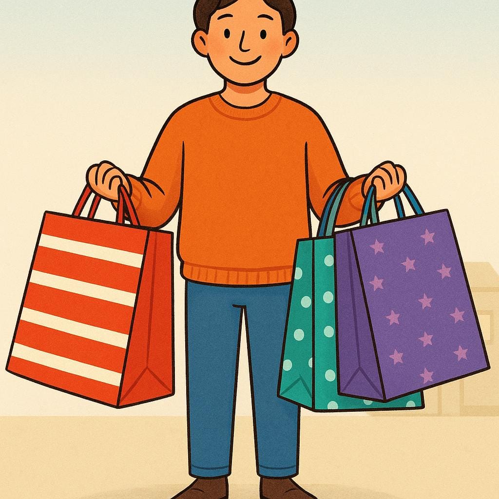 A person cheerfully carrying several colorful shopping bags filled with purchased items.