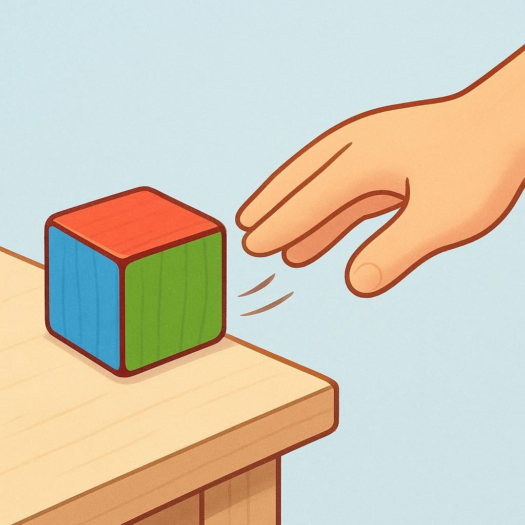 A cartoon hand gently pushing a small, brightly colored wooden block off the edge of a table, symbolizing the action of having been pushed away.