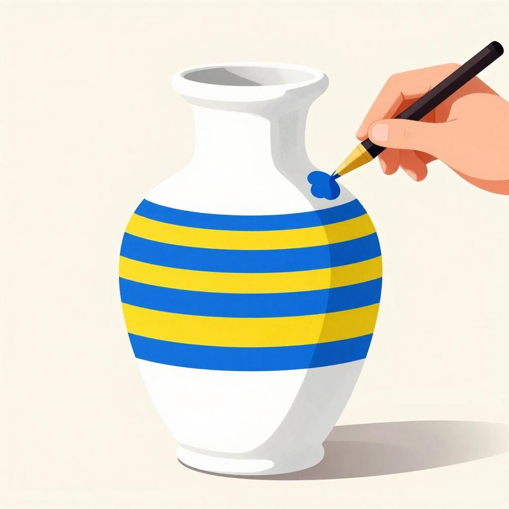 An artist painting a white vase with bright blue and yellow stripes to make it look different.