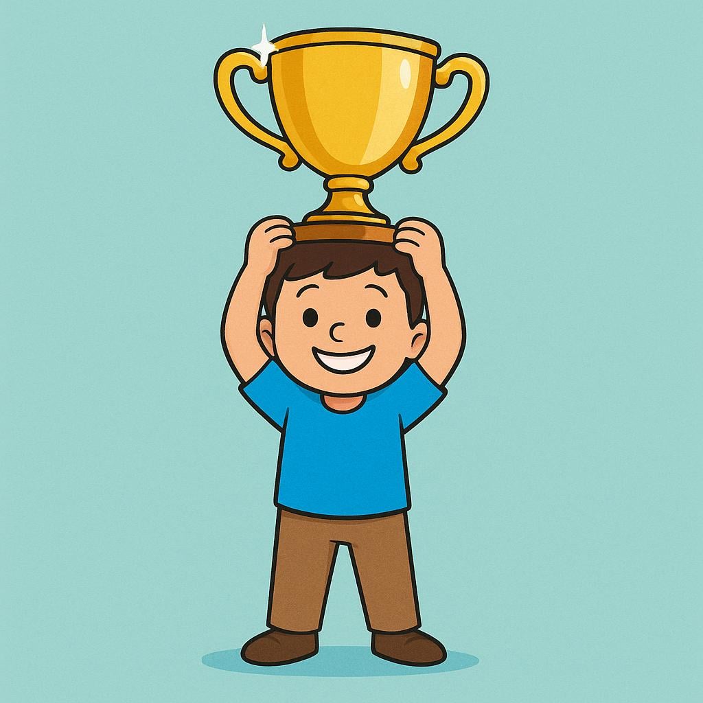 An illustration of a person smiling and holding a large golden trophy high above their head, symbolizing being a whiz or a highly skilled person.