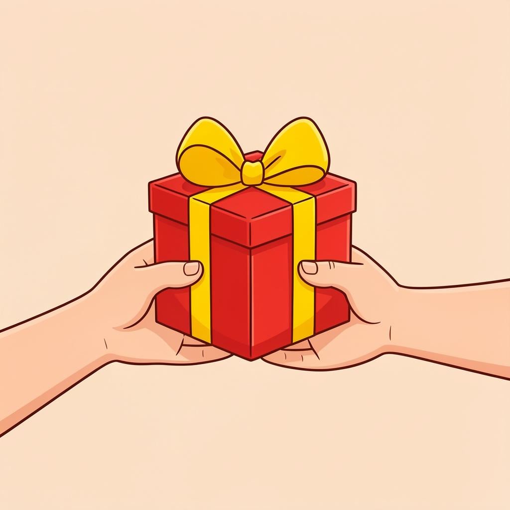 A person handing a beautifully wrapped gift box with a large ribbon to another person.