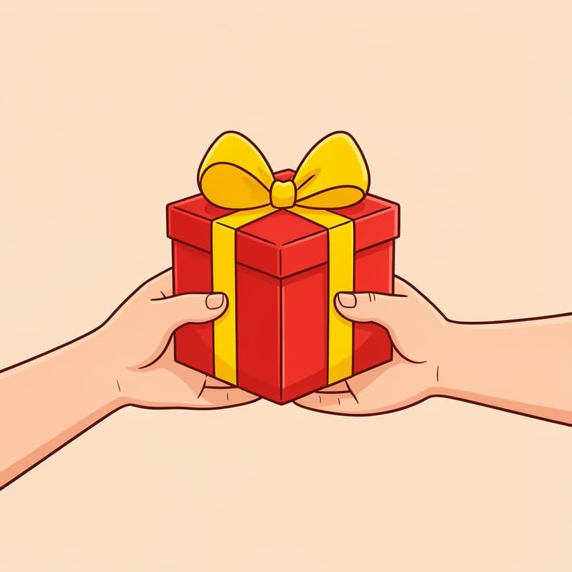 A person handing a beautifully wrapped gift box with a large ribbon to another person.