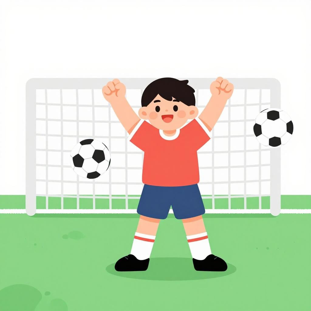 A soccer player in a bright jersey cheering with arms raised while a soccer ball rests in the net of a goal.