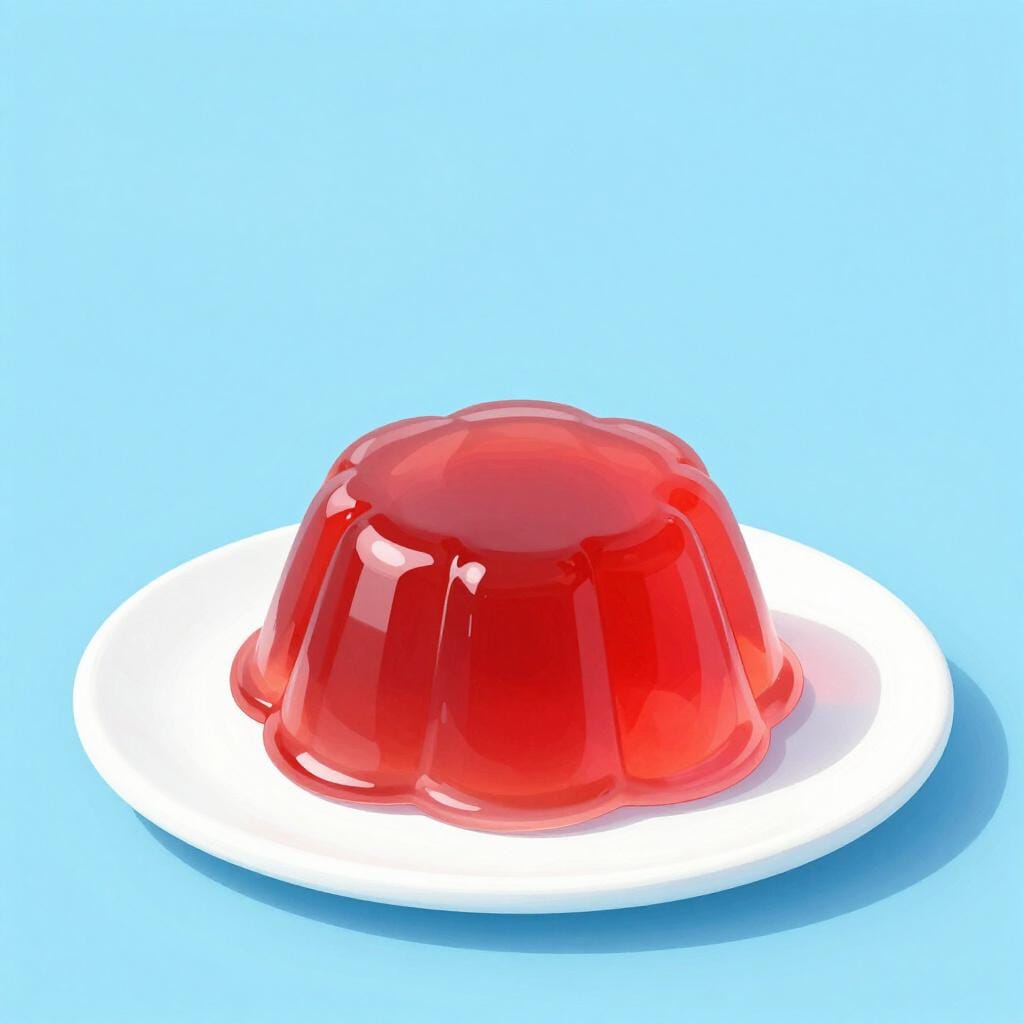 明るい赤色で半透明、ぷるぷるとしたゼリーがシンプルな白い皿に乗っている様子。