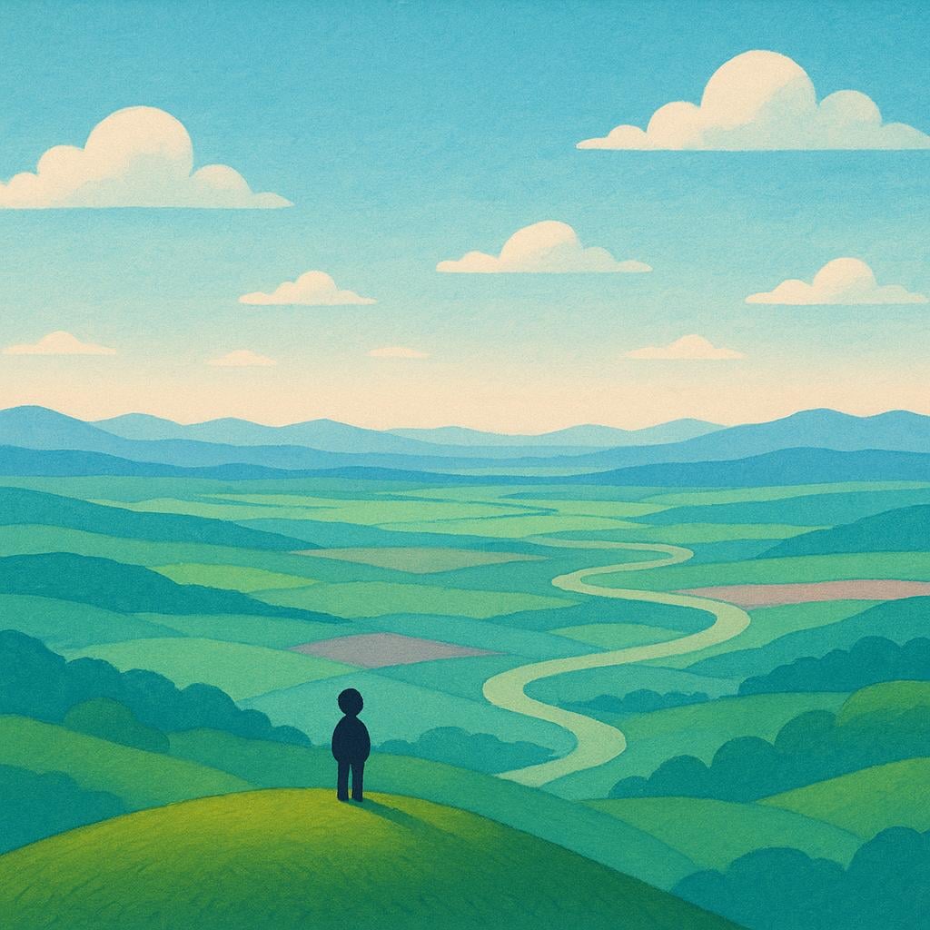 A tiny silhouette of a person standing on a hill overlooking an extremely vast, sprawling landscape that extends far into the horizon, emphasizing scale.