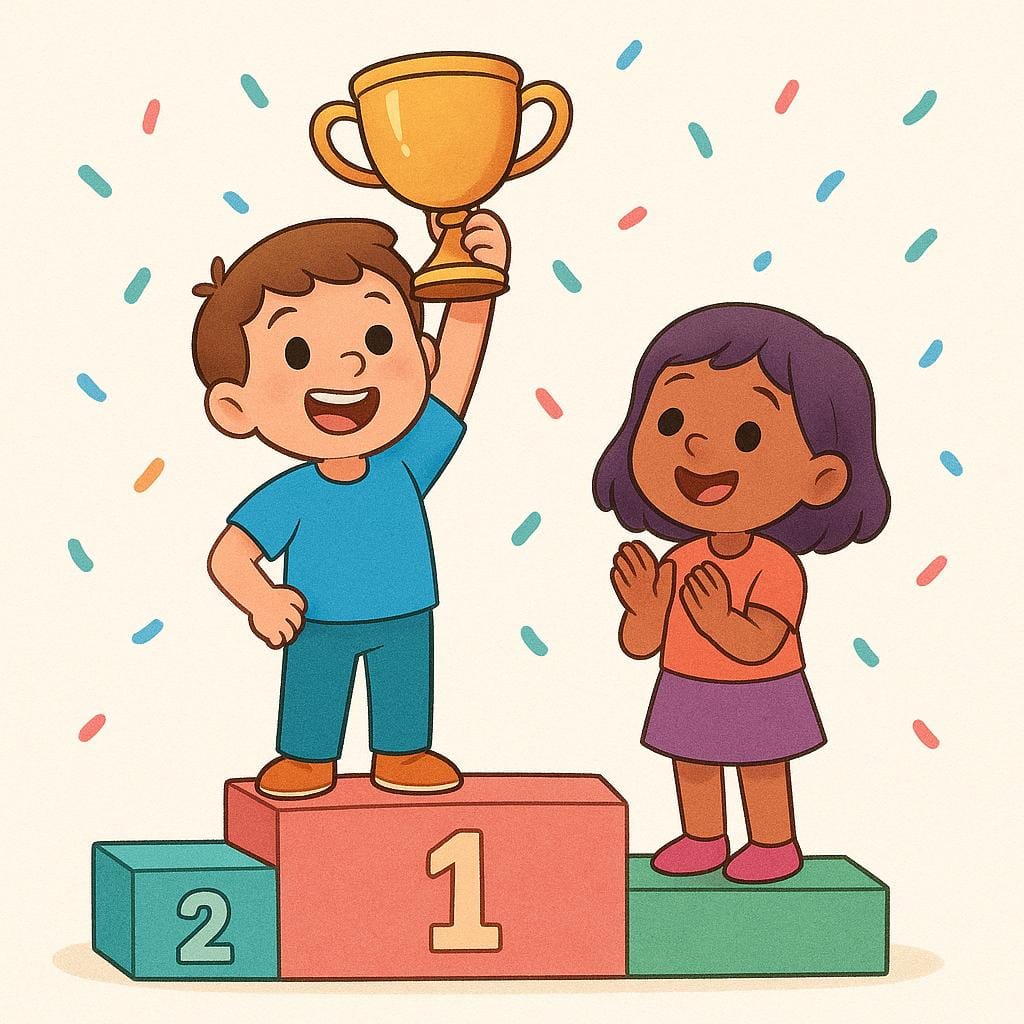 Two cheerful people standing on a winner's podium, one holding a shiny gold trophy.