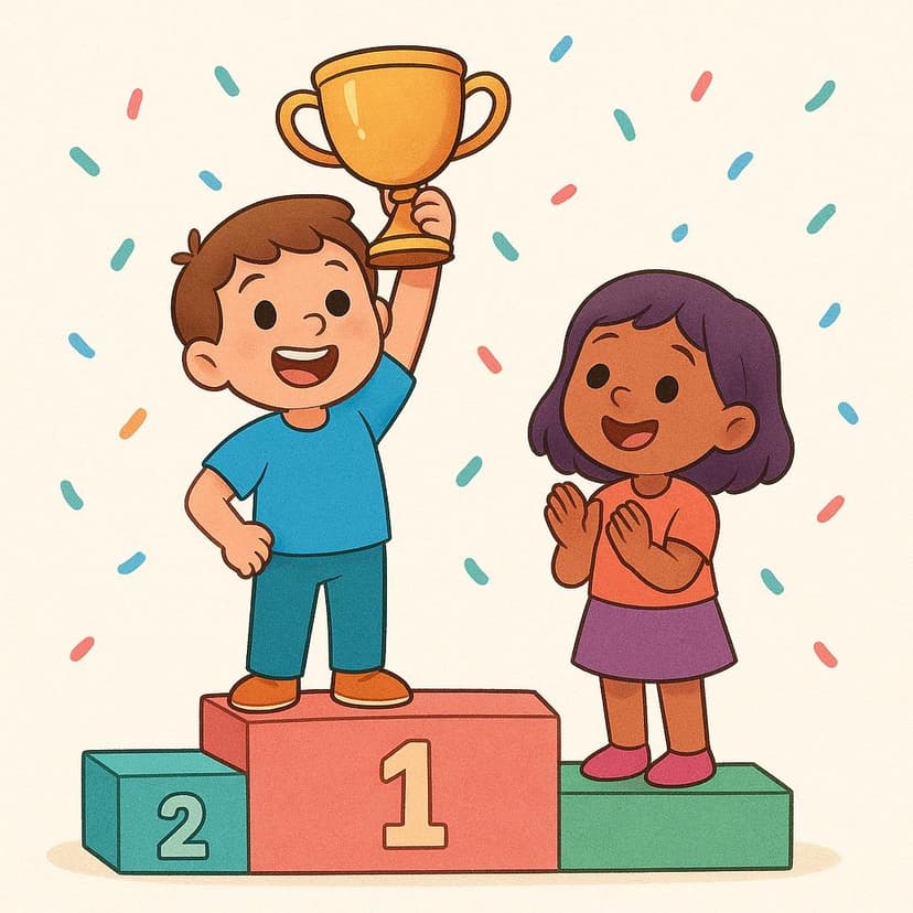 Two cheerful people standing on a winner's podium, one holding a shiny gold trophy.