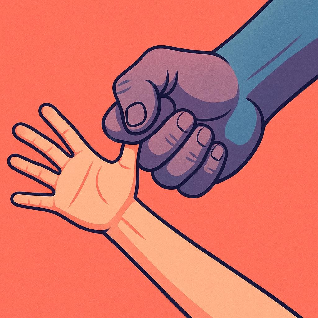 A close-up illustration showing a large, strong hand forcefully gripping the wrist of a smaller hand, symbolizing physical restraint and the need to be released.