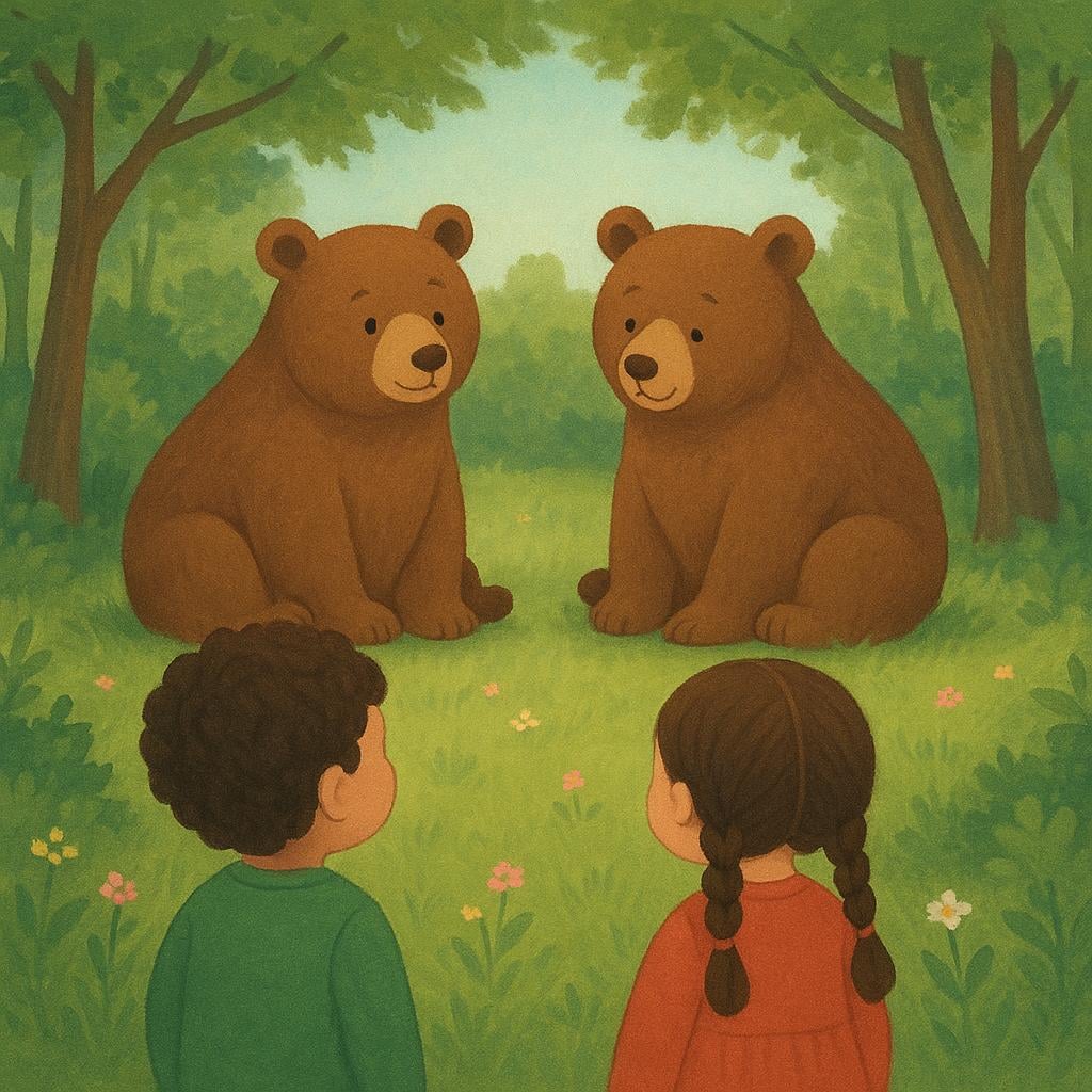 Two small children are peering cautiously at two large, gentle brown bears sitting peacefully in a sunlit forest clearing, illustrating a perceived state.