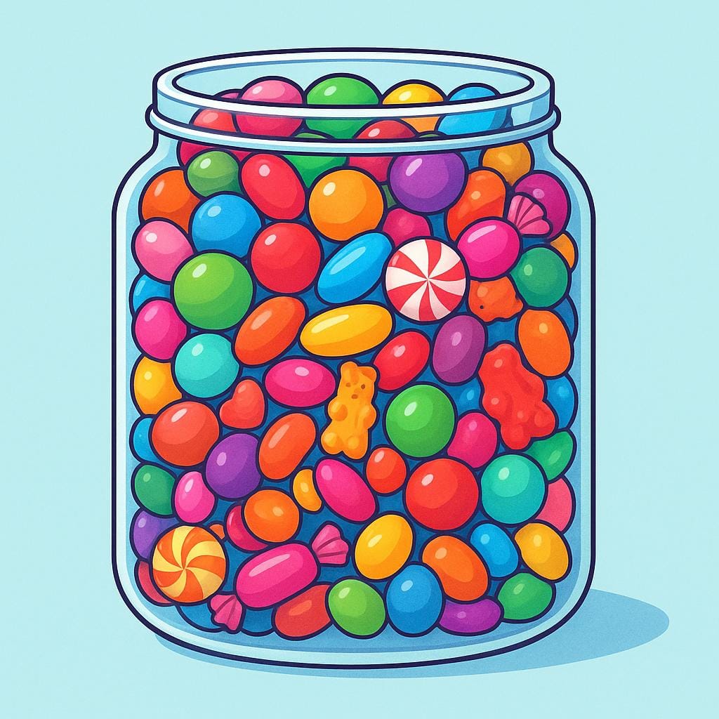 A simple drawing of a clear glass jar that is completely filled to the very top with colorful candies, illustrating the concept of being completely occupied.