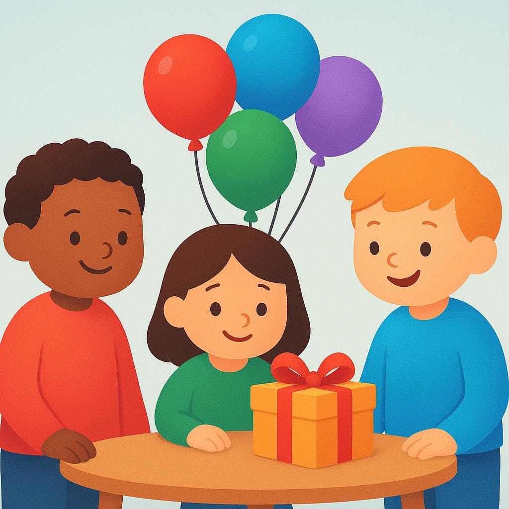 A brightly colored illustration depicting three smiling characters gathered around a small table decorated with colorful balloons and a wrapped gift, representing a planned occasion.