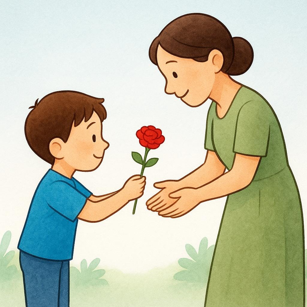 A young boy politely bows slightly while presenting a single red flower to an adult woman.