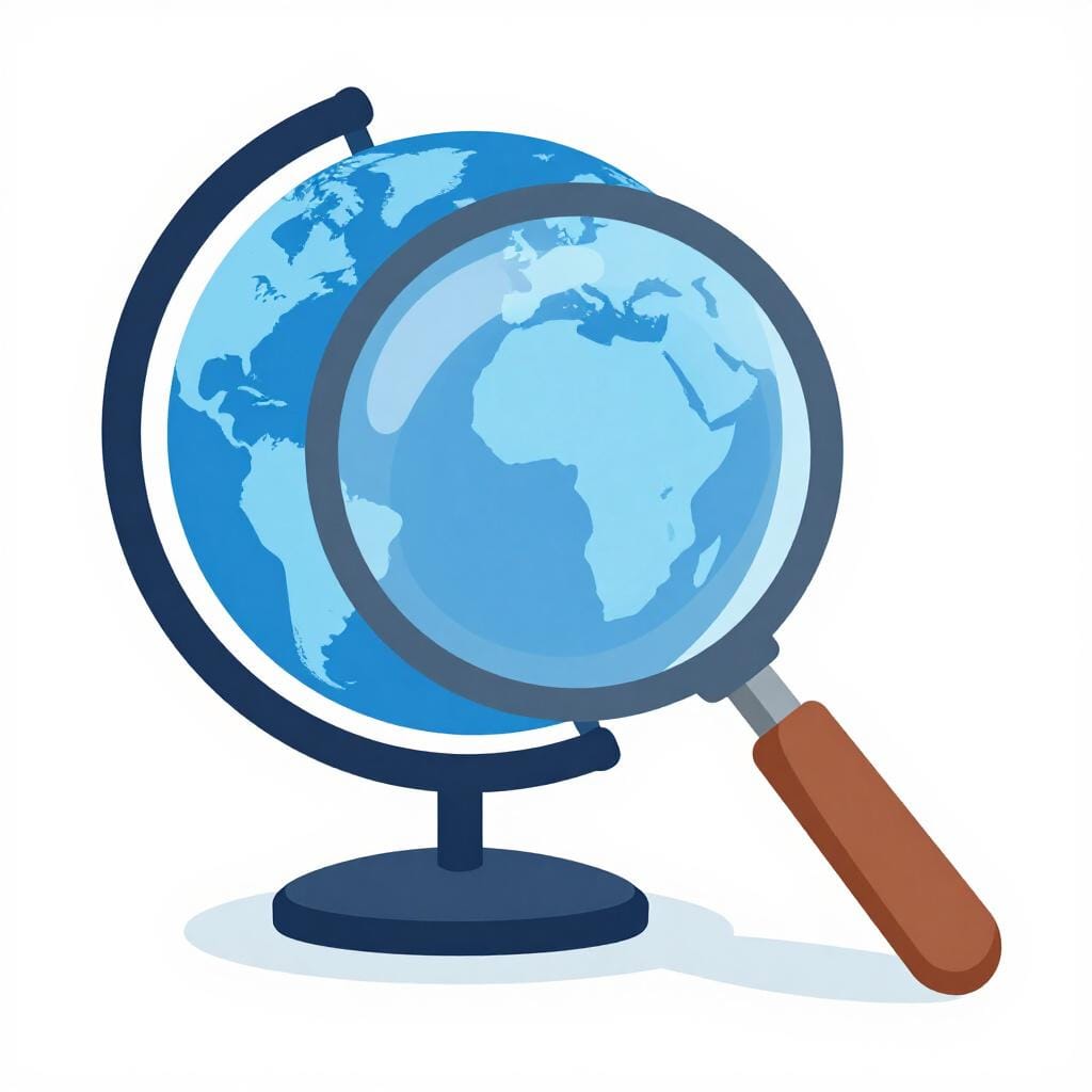 A colorful magnifying glass hovering over a glowing digital globe.