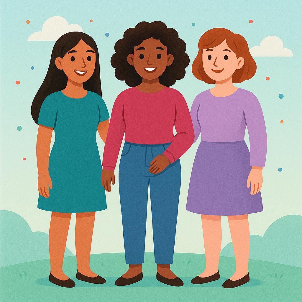 A colorful illustration showing three smiling young women dressed in simple attire, standing together.