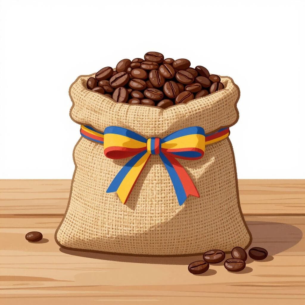 Una colorata borsa di chicchi di caffè con un nastro giallo brillante, blu e rosso.