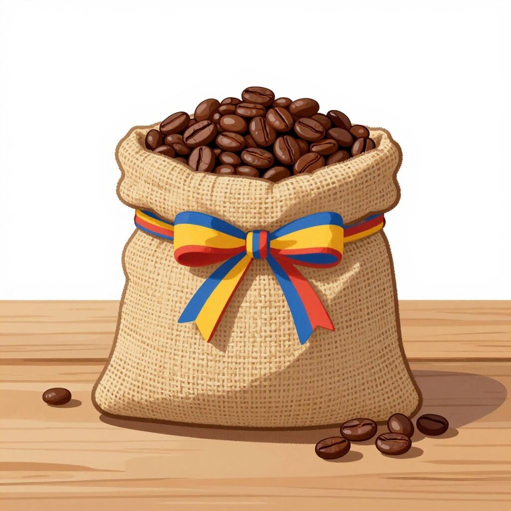 Una colorata borsa di chicchi di caffè con un nastro giallo brillante, blu e rosso.