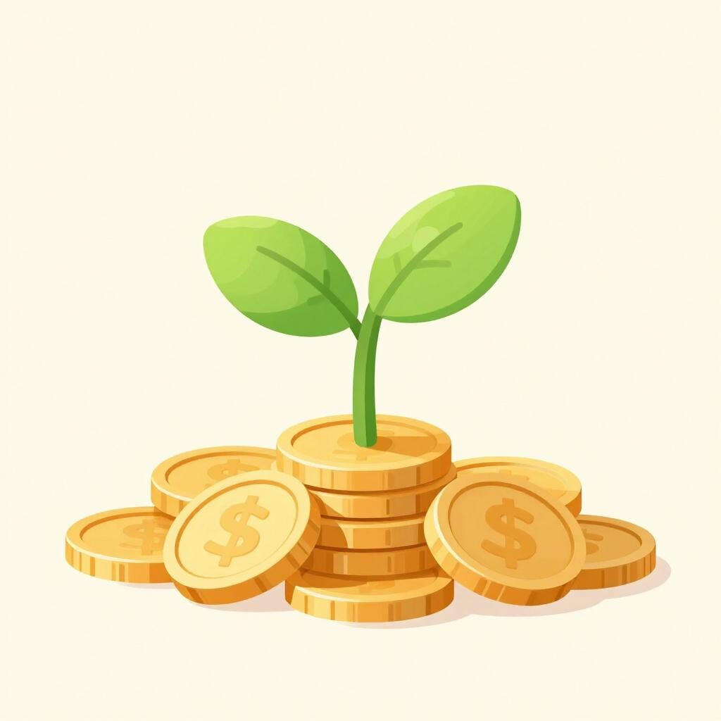 A small green plant growing out of a pile of gold coins, representing financial growth.